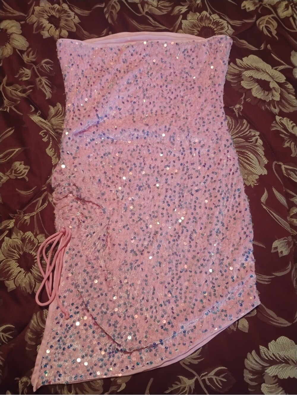 Shein Pink Sequined Strapless Mini Dress with Side Drawstring, Size S